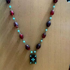 Red and turquoise beaded necklace enamel pendant